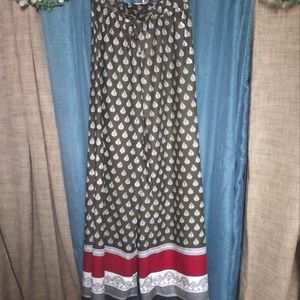 Boho Wide Leg Pants, Army Green with leaves and decorative ankle length design.